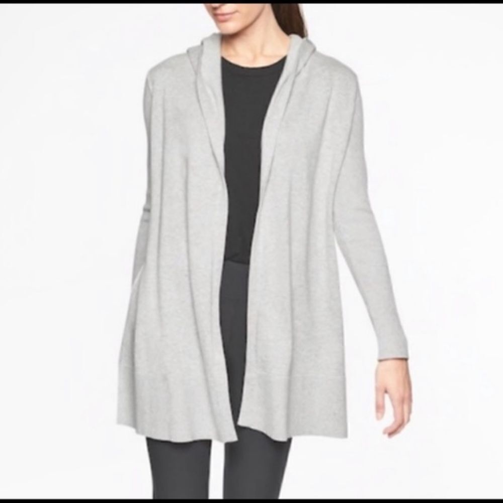 Athleta Highland Wrap Hooded Longline Open Cardigan Sweater Grey Small